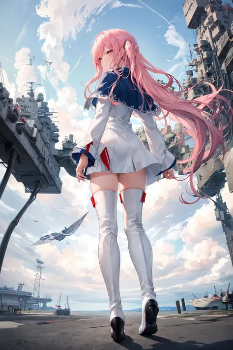 1girl, solo, full body, ((from behind)), from below, sky, cloud, sea, harbor, white dress, ((white thigh boots)), capelet, zettai ryouiki, (looking afar), hand on hair, floating hair, (fisheye), landscape, wide shot, very long hair, pink eyes, walking, aircraft carrier, aircraft, thin body, raising hand, (princeton:1.2), <lora:Princeton_v1:0.4>, <lora:Xian-T-Betterhand-v1.1:0.6>,, (((masterpiece))), (((best quality))), (((extremely detailed))), ((absurdres)), beautiful, small detailed, good anatomy, beautiful lighting, detailed eyes, 4k, 8k, hyper detailed, small detailed, high detailed