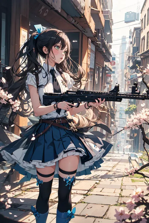 ((masterpiece)), (best quality), official art, extremely detailed CG, unity 8k wallpaper, ultra detailed, highly detailed,
1girl, solo, tae, black hair, long hair, green eyes, skirt, shirt, thighhighs, bow, white shirt, pleated skirt, frills, necktie, sleeveless, collared shirt, belt, miniskirt, star symbol, bracelet, blue skirt, zettai ryouiki, sleeveless shirt, blue bow, blue footwear, <lora:TAE:0.7>,
outdoors, cherry blossoms, petal, wind,
standing, holding gun, futuristic gun,