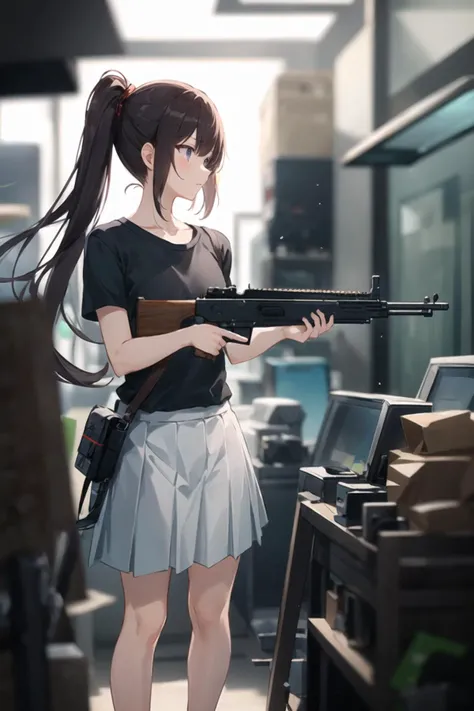 1girl, casual clothes, pleated skirt, t-shirt, twintails, long hair, short sleeves, standing, holding gun, indoors, side view, aiming, machine gun