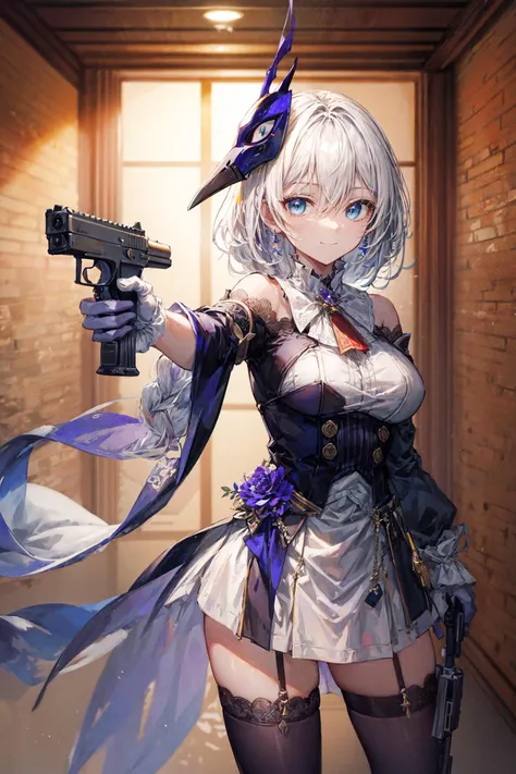 (masterpiece, best quality:1.2), absurdres, highres,sharp focus, gorgeous detail face,gorgeous detail eyes,masterpiece, best quality, absurdres,
kallen kaslana, white hair,blue eyes, braid,long hair, braided ponytail, bangs,hair between eyes,(single braid),
bare shoulders, purple thighhighs, purple gloves,long sleeves, hair between eyes,hair ornament,flower,(mask),smile,
<lora:kallen_768_v2_lion_optimizer_dim64_loraModel_float_1e-1noise_token1_7-3-2023:0.6>,
standing, holding gun, indoors, handgun, aiming,
<lora:add_detail:1>,