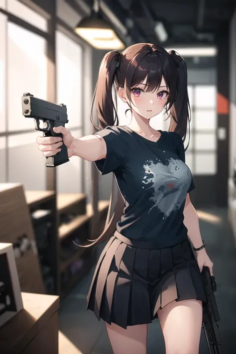 1girl, casual clothes, pleated skirt, t-shirt, twintails, long hair, short sleeves, standing, holding gun, indoors, handgun, aiming, hallway