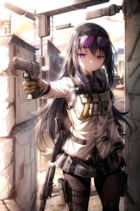(best quality), (ultra-detailed), (best illustration), (masterpiece), homuramagica, expressionless, sunglasses, eyewear on head, purple eyes, black hair, <lora:homura_akemi:0.75>