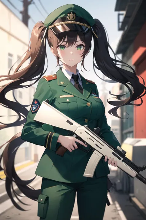 1girl, military uniform, pants, solider, green eyes, long sleeves, twintails, long hair, standing, holding gun, outdoors, street, rifle