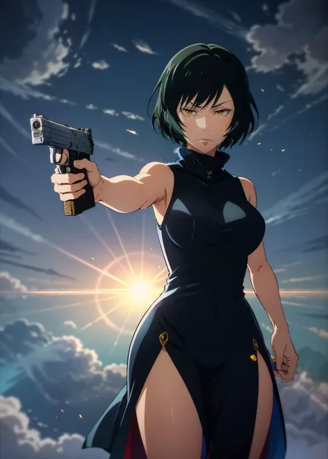 <lora:epi_noiseoffset2, dark studio, rim lighting, two tone lighting:0.3> (full body shot, rim lighting),
BREAK
<lora:MaiZen'in, yellow eyes, short hair, green hair:0.55> MaiZen'in, yellow eyes, 1girl, solo, short hair, green hair, female focus, pouting, looking at viewer, black sleeveless long dress, slit skirt, pumps, standing, holding gun, gun\(weapon\),
<lora:detail_slider_v4:1>
BREAK
street,