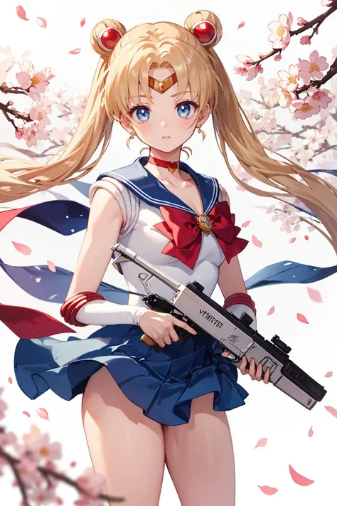 ((masterpiece)), (best quality), official art, extremely detailed CG, unity 8k wallpaper, ultra detailed, highly detailed, 
1girl, sailor moon, blue eyes, blonde hair, long hair, hair bun, jewelry, sailor senshi uniform, blue sailor collar, red choker, twintails, red bow, blue skirt, <lora:smoon-1:1>, 
outdoors, cherry blossoms, petal, wind, 
standing,  holding army handgun,