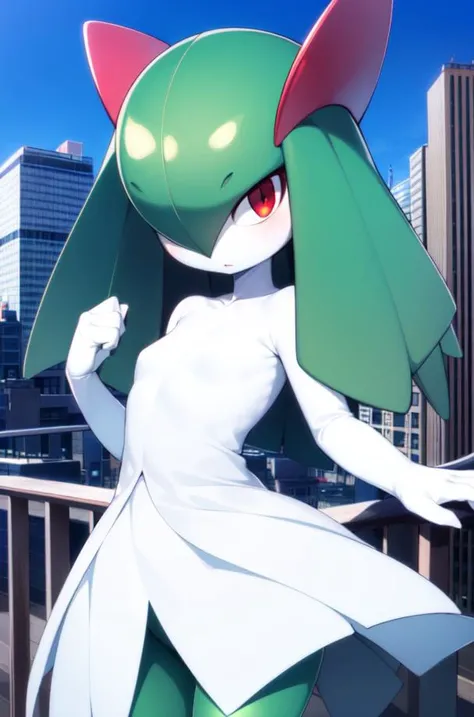 masterpiece, best_quality, 1girl, solo, kirlia, green hair, red eyes, white dress, green skin, city<lora:kirlia_v1:0.8>
