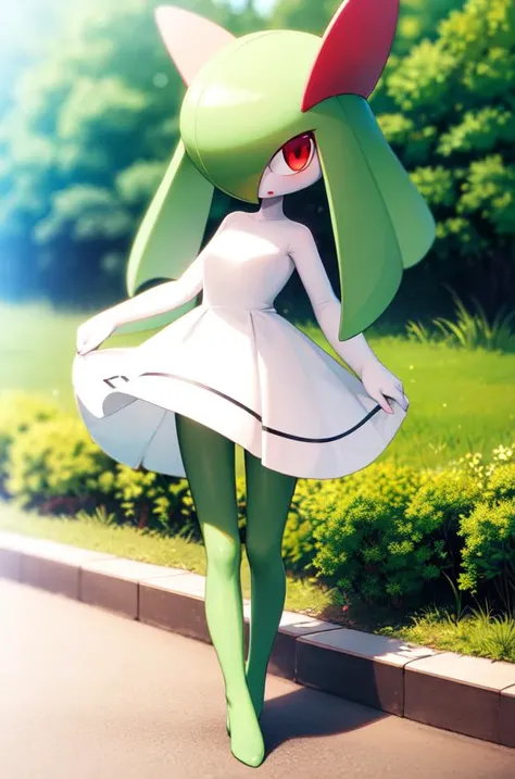 masterpiece, best_quality, 1girl, solo, kirlia, green hair, red eyes, white dress, green skin, outdoors<lora:kirlia_v1:0.8>