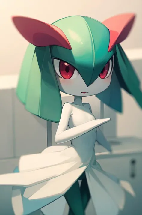 masterpiece, best_quality, 1girl, solo, kirlia, green hair, red eyes, white dress, green skin, short hair, <lora:kirlia_v1:0.8>