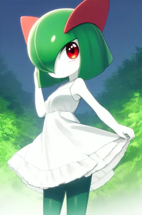 masterpiece, best_quality, 1girl, solo, kirlia, green hair, red eyes, white dress, green skin, short hair, <lora:kirlia_v1:0.8>