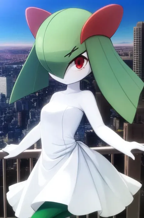 masterpiece, best_quality, 1girl, solo, kirlia, green hair, red eyes, white dress, green skin, city<lora:kirlia_v1:0.8>