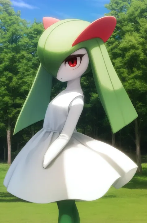 masterpiece, best_quality, 1girl, solo, kirlia, green hair, red eyes, white dress, green skin, outdoors<lora:kirlia_v1:0.8>
