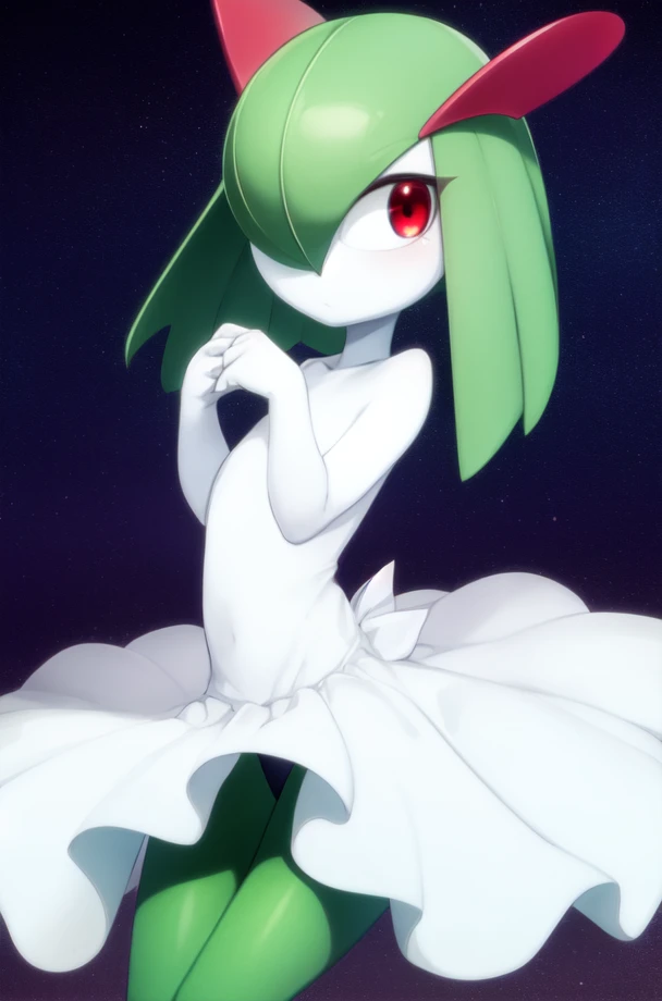 masterpiece, best_quality, 1girl, solo, kirlia, green hair, red eyes, white dress, green skin, short hair, <lora:kirlia_v1:0.8>
