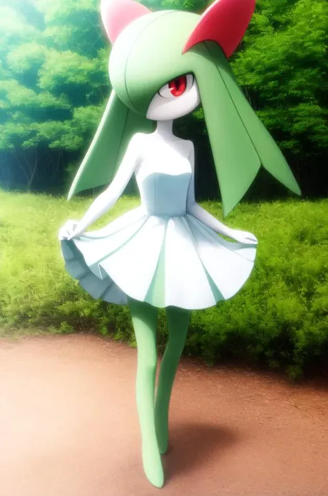 masterpiece, best_quality, 1girl, solo, kirlia, green hair, red eyes, white dress, green skin, outdoors<lora:kirlia_v1:0.8>