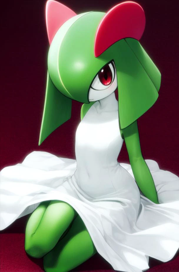 masterpiece, best_quality, 1girl, solo, kirlia, green hair, red eyes, white dress, green skin, <lora:kirlia_v1:0.8>