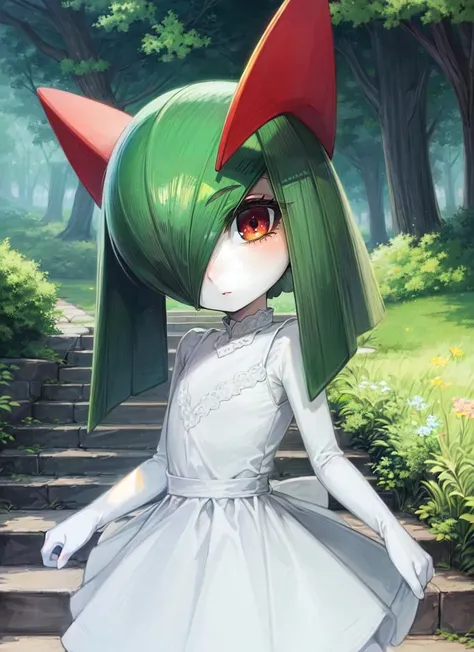 ((best quality)), ((highly detailed)), masterpiece, extremely detailed face, beautiful face, (detailed eyes, deep eyes), (1girl), cowboy shot, <lora:hairdetailer:.8>, <lora:kirlia_v1:.8>, kirlia, pokemon, nintendo, green hair, red eyes, green skin, white dress, colored skin, (on a stairway, dawn)