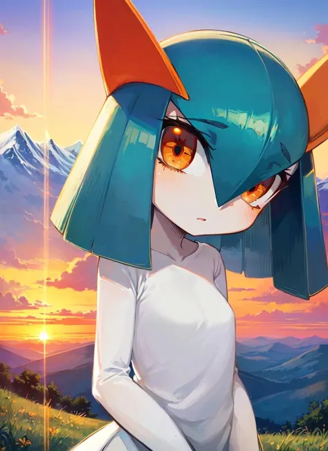 ((best quality)), ((highly detailed)), masterpiece, (detailed eyes, deep eyes), (1girl), upper body, <lora:kirlia_v1:.8>, kirlia, pokemon, nintendo, shiny pokemon, ((blue hair, orange eyes, blue skin)), white dress, colored skin, (at a mountain, sunset)