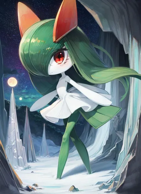 ((best quality)), ((highly detailed)), masterpiece, (detailed eyes, deep eyes), (1girl), full body, <lora:hairdetailer:.7>, <lora:kirlia_v1:.8>, kirlia, green hair, red eyes, white dress, green skin, (in a dark stone cave, stalagmite, stalactites, night, night sky, stars, lunar eclipse)