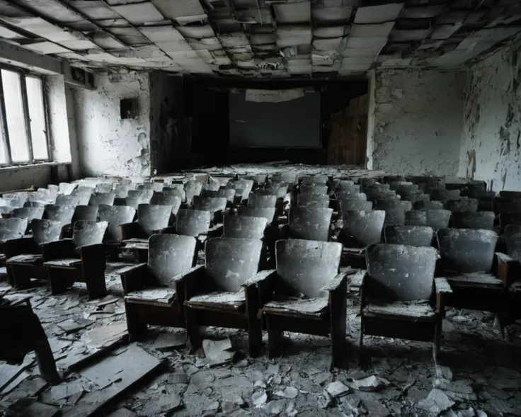 best quality, realistic, vray, hdr, in a post-apocalyptic crumbling cinema, torn posters, dusty projector, broken seats, lopsided screen., by Eve Arnold, Chern4byl enviroment <lora:Chenorbyl_v1:0.8>