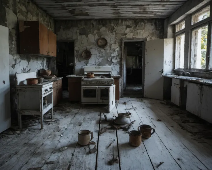 best quality, realistic, vray, hdr, on a post-apocalyptic kitchen, scattered rusted pots, cracked dining table, moldy open refrigerator., by Raymond Depardon, Chern4byl enviroment <lora:Chenorbyl_v1:0.8>