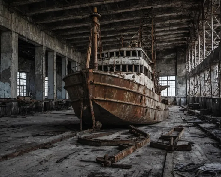 best quality, realistic, vray, hdr, on a post-apocalyptic harbor, rotting docks, rusting ships, broken warehouse crates, immobile crane., by Steve McCurry, Chern4byl enviroment <lora:Chenorbyl_v1:0.8>