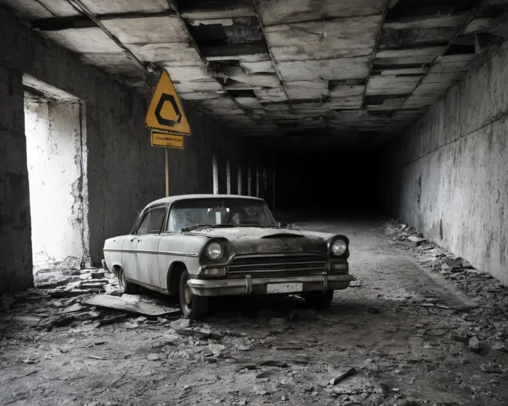 best quality, realistic, vray, hdr, on a post-apocalyptic collapsed tunnel, blocked entrance, abandoned car, hanging traffic sign., by Irving Penn, Chern4byl enviroment <lora:Chenorbyl_v1:0.8>