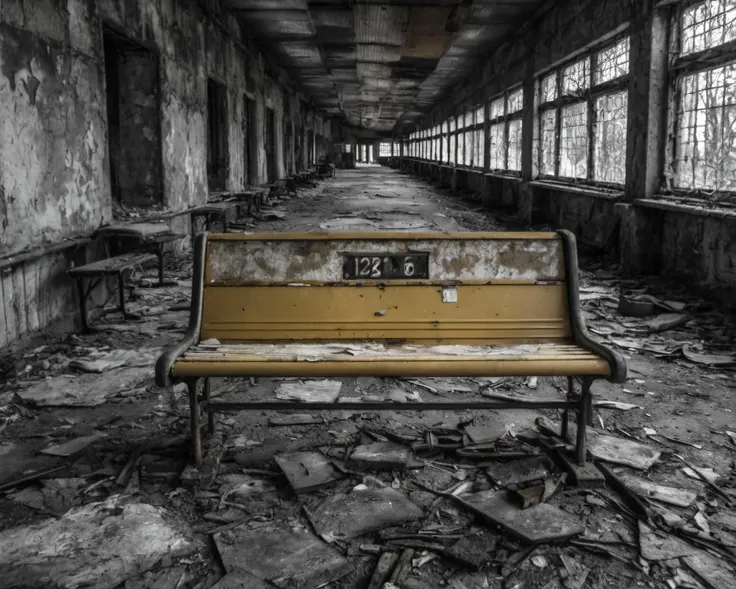 best quality, realistic, vray, hdr, on a post-apocalyptic deserted train station, rusting benches, cracked information board, graffiti-covered abandoned train., by Garry Winogrand, Chern4byl enviroment  <lora:Chenorbyl_v1:0.8>