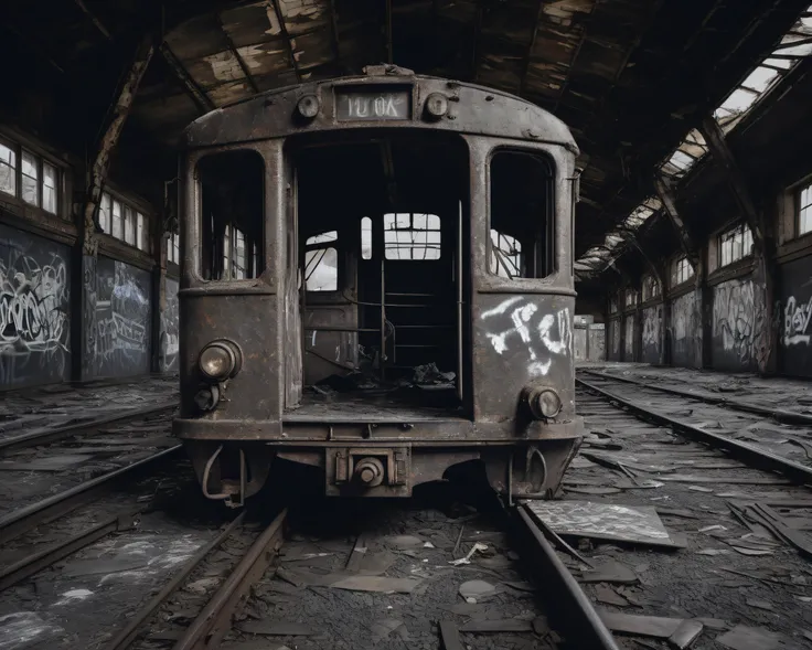 best quality, realistic, vray, hdr, on a post-apocalyptic deserted train station, rusting benches, cracked information board, graffiti-covered abandoned train., by Peter Lindbergh, <lora:PostApocalypticXL_v1:0.6> SZ_4poXL enviroment
