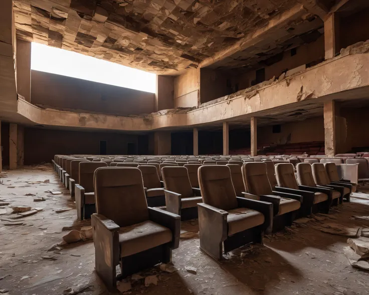 best quality, realistic, vray, hdr, in a post-apocalyptic crumbling cinema, torn posters, dusty projector, broken seats, lopsided screen., Petra, Jordan,  <lora:PostApocalypticXL_v1:0.6> SZ_4poXL enviroment