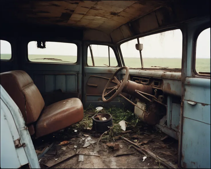 in a post-apocalyptic farm, broken barn doors, rusted silo, damaged farmhouse, immobile tractor., by William Eggleston,  <lora:PostApocalypticXL_v1:0.8> SZ_4po enviroment