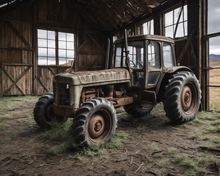 best quality, realistic, vray, hdr, in a post-apocalyptic farm, broken barn doors, rusted silo, damaged farmhouse, immobile tractor., Patagonia, Argentina and Chile, <lora:PostApocalypticXL_v1:0.6> SZ_4poXL enviroment