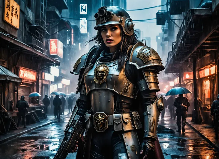 (a girl with a beautiful face), nighttime, cyberpunk city, dark, raining, neon lights , (<lora:ScrapBuiltAI:0.5> scrapbuiltai ,<lora:PostApocalypticXL_v1:0.5> SZ_4poXL enviroment), cyberpunk, synthwave, 1980s, futurism, brutalism, neuromancer, cinematic photo in a shower, ((art by Bernat Sanjuan)),Pastels, Chiaroscuro,leading a horde army, thousands of warriors, futuristic attire, future soldier, in wh40k, Warhammer 40,000, death korps of krieg, dkok, astra militarum, space marines, epic battle, only war, wearing huge pauldrons, WWI, trenches, dirt, battle,alone in the darkness