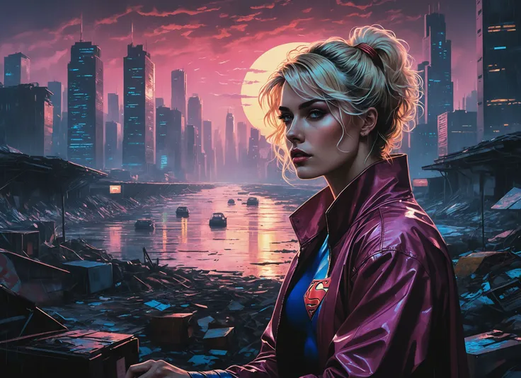 (a girl with a beautiful face), nighttime, cyberpunk city, dark, raining, neon lights , (<lora:PostApocalypticXL_v1:0.5> SZ_4poXL enviroment,cinematic photo, professional photo), cyberpunk, synthwave, 1980s, futurism, brutalism, neuromancer, cinematic photo in a garbage dump, ((art by Ned M. Seidler)),art by Antoine Le Nain, art by Antoine Verney-Carron,Power girl, supergirl, blonde,Radial balance, Sunrise, Water, Ellipse, ultra detailed, intricate,,detailed hair, mullet haircut, pink hair