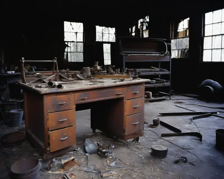 in a post-apocalyptic abandoned workshop, scattered rusted tools, lingering oil smell, yellowed blueprints., by Vivian Maier, SZ_4poXL enviroment   <lora:Post ApocalypticXL_v2:0.6>