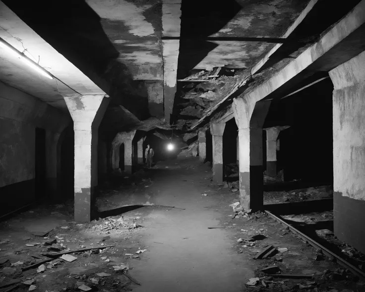 In the depths of an abandoned subway station, survivors have carved out a subterranean refuge. Flickering lanterns cast eerie shadows on the tunnel walls, revealing a tight-knit community living among salvaged remnants of the past, by Dorothea Lange,  <lora:PostApocalypticXL_v1:0.8> SZ_4poXL enviroment