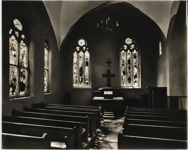in a post-apocalyptic crumbling church, silent bell tower, dusty pews, shattered stained glass, faded bible., by Edward Steichen, SZ_4poXL enviroment <lora:Post ApocalypticXL_v2:0.6>