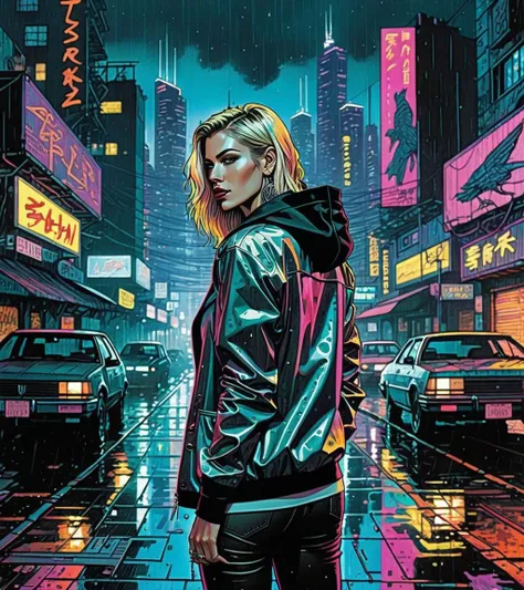 (Katherine Winnick,a girl with a beautiful face), nighttime, cyberpunk city, dark, raining, neon lights, ((Wearing a blazer over a hoodie)), blazer, hoodie,(cyberpunk 2077 cityscape), (<lora:PostApocalypticXL_v1:0.5> SZ_4poXL enviroment), cyberpunk 2077, cyberpunk, synthwave, 1980s, futurism, brutalism, neuromancer, cinematic photo,, art by enki bilal, art by philippe druillet, art by moebius, inspired by french comics art,((art by Nikolai Astrup)),Radial balance, Sunrise, Water, Ellipse, ultra detailed, intricate,