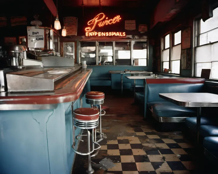 in a post-apocalyptic deserted diner, overturned stools, rusted kitchen appliances, dusty jukebox, unreadable specials sign., by Susan Meiselas, SZ_4poXL enviroment <lora:Post ApocalypticXL_v2:0.6>