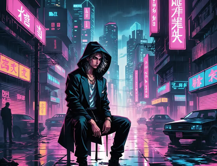 (DIONE), nighttime, cyberpunk city, dark, raining, neon lights ((,Wearing a blazer over a hoodie)), blazer, hoodie, (<lora:PostApocalypticXL_v1:0.5> SZ_4poXL enviroment,<lora:cybergraphic_sdxl:0.5>), cyberpunk, synthwave, 1980s, futurism, brutalism, neuromancer, cinematic photo in North Korea, Radial balance, Sunrise, Water, Ellipse, ultra detailed, intricate,,crouching low to strike,,(chains:.5)