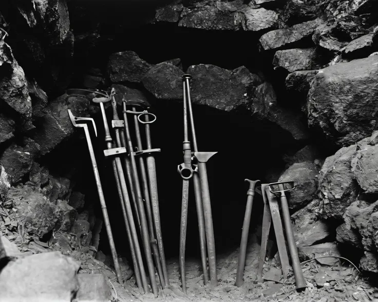 in a post-apocalyptic abandoned mine, blocked tunnel entrance, rusted tools., by Man Ray, SZ_4poXL enviroment <lora:Post ApocalypticXL_v2:0.6>