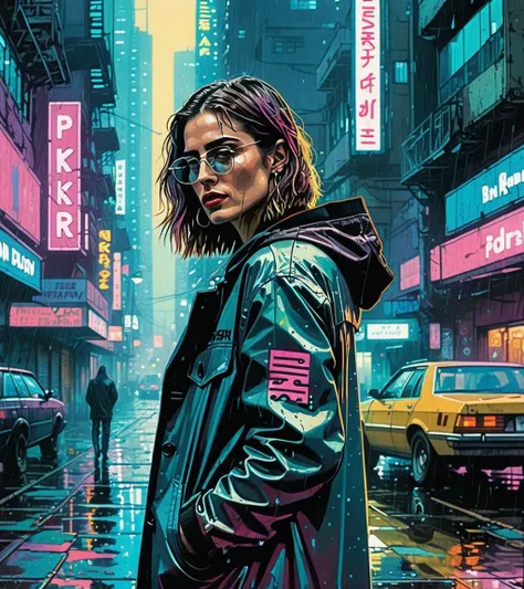(Amanda Peet,a girl with a beautiful face), nighttime, cyberpunk city, dark, raining, neon lights, ((Wearing a blazer over a hoodie)), blazer, hoodie,(cyberpunk 2077 cityscape), (<lora:John Berkey Style:0.5> John Berkey Style ,<lora:PostApocalypticXL_v1:0.5> SZ_4poXL enviroment), cyberpunk 2077, cyberpunk, synthwave, 1980s, futurism, brutalism, neuromancer, cinematic photo, analog, the contrast in colors and textures should be distinct highly detailed, surreal, vibrant yet slightly desaturated, faded film, desaturated, 35mm photo, grainy, vignette, vintage, Kodachrome, Lomography, stained, highly detailed, found footage,art by Jakub Rozalski, 1920+ Poland,((pinkfong shark))