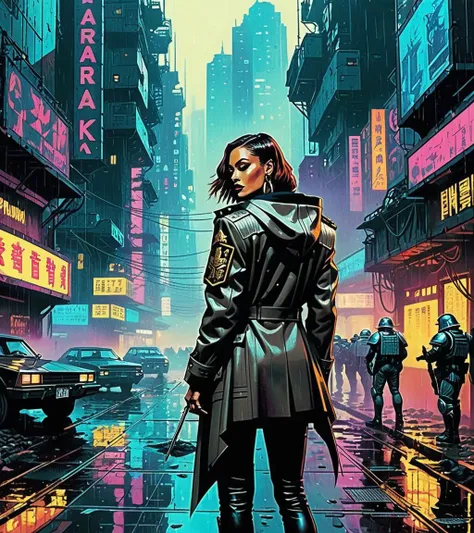 (Tyra Banks,a girl with a beautiful face), nighttime, cyberpunk city, dark, raining, neon lights, ((Wearing a blazer over a hoodie)), blazer, hoodie,(cyberpunk 2077 cityscape), (<lora:PostApocalypticXL_v1:0.5> SZ_4poXL enviroment,<lora:Ben Aronson Style:0.5> Ben Aronson Style ), cyberpunk 2077, cyberpunk, synthwave, 1980s, futurism, brutalism, neuromancer, cinematic photo,, leading a horde army, thousands of warriors, futuristic attire, future soldier, in wh40k, Warhammer 40,000, death korps of krieg, dkok, astra militarum, space marines, epic battle, only war, wearing huge pauldrons, WWI, trenches, dirt, battle,analog, the contrast in colors and textures should be distinct highly detailed, surreal, vibrant yet slightly desaturated, faded film, desaturated, 35mm photo, grainy, vignette, vintage, Kodachrome, Lomography, stained, highly detailed, found footage