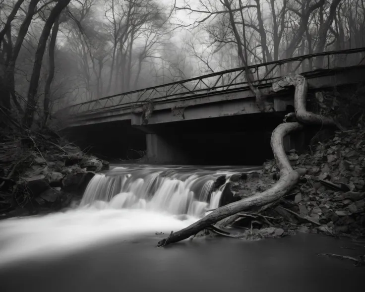 on a post-apocalyptic collapsed bridge, scattered twisted metal, concrete blocks, flowing river, rusting cars., by Nick Brandt, SZ_4poXL enviroment <lora:Post ApocalypticXL_v2:0.6>