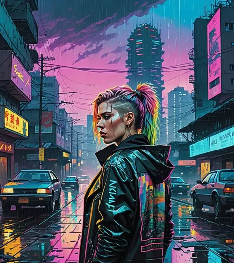 (Lea Seydoux,a girl with a beautiful face), nighttime, cyberpunk city, dark, raining, neon lights, ((Wearing a blazer over a hoodie)), blazer, hoodie,(cyberpunk 2077 cityscape), (cinematic photo, professional photo,<lora:PostApocalypticXL_v1:0.5> SZ_4poXL enviroment), cyberpunk 2077, cyberpunk, synthwave, 1980s, futurism, brutalism, neuromancer, cinematic photo, detailed hair, fashion mullet, rainbow colored hair,art by Jakub Rozalski, 1920+ Poland,Radial balance, Sunrise, Water, Ellipse, ultra detailed, intricate,