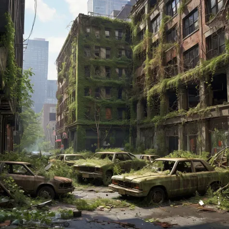 post apocalyptic, new york street, (vines crawling up buildings:1.2), overgrowth, broken down cars, rust, moss, shattered glass, rubble,
<lora:PostApocalypticXL_v1:0.8> SZ_4poXL enviroment, <lora:add-detail-xl:0.8>
