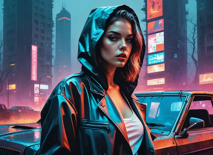 (Barbara Palvin), nighttime, cyberpunk city, dark, raining, neon lights ((,Wearing a blazer over a hoodie)), blazer, hoodie, (<lora:PostApocalypticXL_v1:0.5> SZ_4poXL enviroment), cyberpunk, synthwave, 1980s, futurism, brutalism, neuromancer, cinematic photo in a car, art by Jakub Rozalski, 1920+ Poland,Amid the ruins of a once-majestic fortress, a soldier pauses, her silhouette ghostly against the backdrop of shifting terrains that oscillate between detailed battle maps and molten landscapes, Tornado, Barren trees, Menacing,,(wearing a thong)