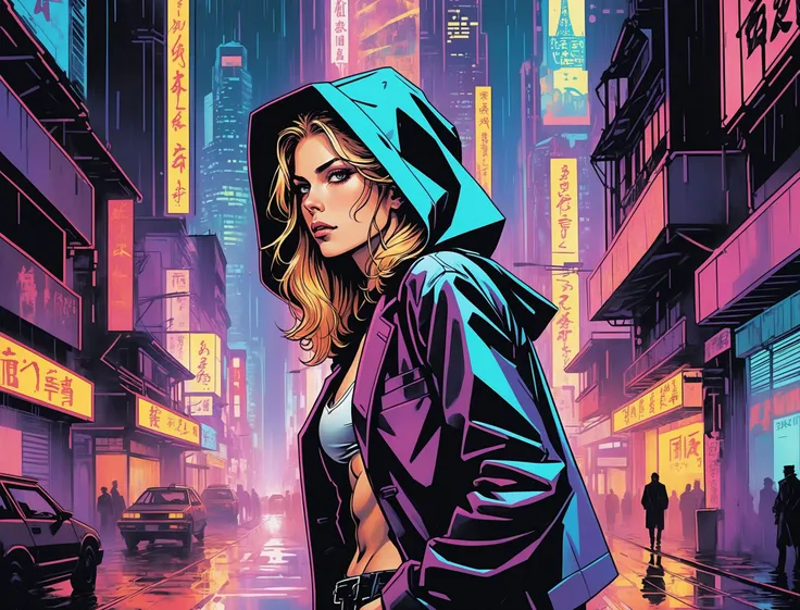 (Erin Moriarty), nighttime, cyberpunk city, dark, raining, neon lights ((,Wearing a blazer over a hoodie)), blazer, hoodie, (<lora:cybergraphic_sdxl:0.5>,<lora:PostApocalypticXL_v1:0.5> SZ_4poXL enviroment), cyberpunk, synthwave, 1980s, futurism, brutalism, neuromancer, cinematic photo in California, art by enki bilal, art by philippe druillet, art by moebius, inspired by french comics art,((art by Koryusai Isoda)),members of the rebellion,lunging at the viewer,,art by Antoine Le Nain, art by Antoine Verney-Carron