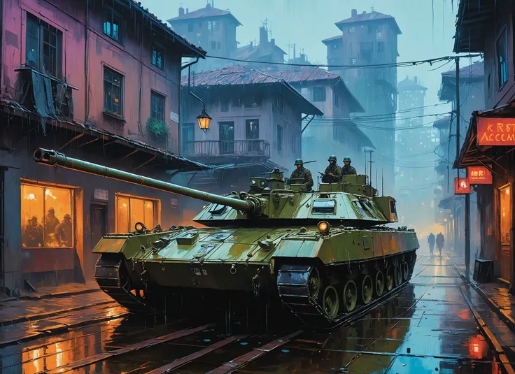 (Vita Sidorkina), nighttime, cyberpunk city, dark, raining, neon lights , (<lora:Neon Night:0.5> Neon Night,<lora:PostApocalypticXL_v1:0.5> SZ_4poXL enviroment), cyberpunk, synthwave, 1980s, futurism, brutalism, neuromancer, cinematic photo in a life raft, Background is stunning 17th century european village scenery, detailed and intricate environment, oil painting, palette knife soft brushstrokes, heavy strokes, dripping paint, art station on trend, sharp focus, intricate details, highly detailed,A group of resistance soldiers,((art by Bernard Accama)),art by Jakub Rozalski, 1920+ Poland