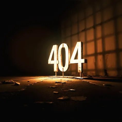 In the midst of a shadowy setting, the glowing numerals "404" stand boldly at the center, casting a luminous outline. The darkness envelops the scene, with the '404' serving as a beacon of light, providing stark contrast and a sense of mystery within the depths of the shadows. The light from the digits pierces the gloom, creating an ambiance of eerie serenity and digital significance, as if signifying an enigmatic gateway in the digital expanse <lora:PostApocalypticXL_v1:0.8> SZ_4poXL enviroment