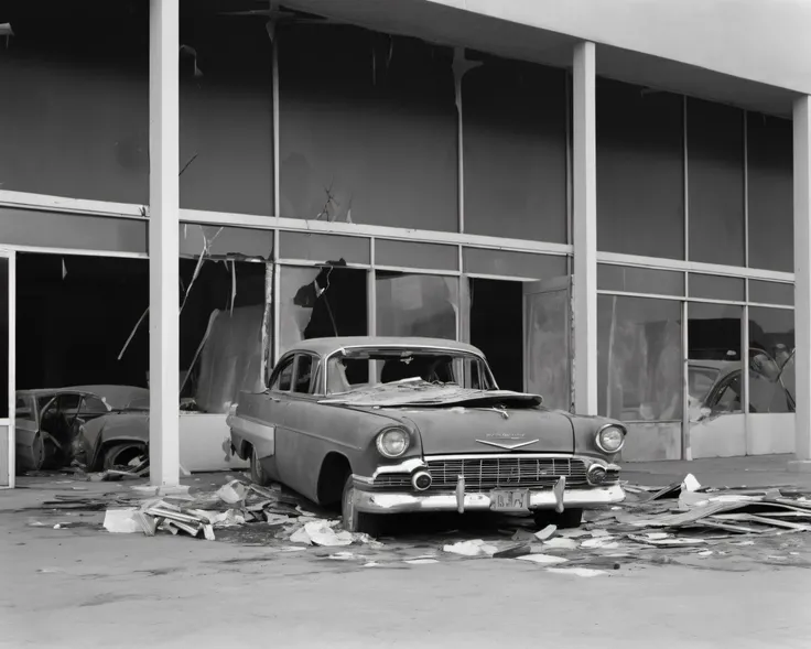 in a post-apocalyptic abandoned shopping plaza, broken storefront windows, debris-filled dried fountain, abandoned cars., by Dorothea Lange, SZ_4poXL enviroment <lora:Post ApocalypticXL_v2:0.6>
