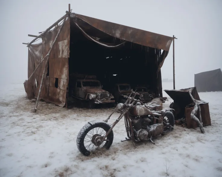 Among the rusted remains of a junkyard, a band of raiders has set up camp. Salvaged metal constructs form shelter, and the air is thick with tension as they prepare for their next scavenging run or potential clash with rival groups <lora:PostApocalypticXL_v1:0.8> SZ_4poXL enviroment